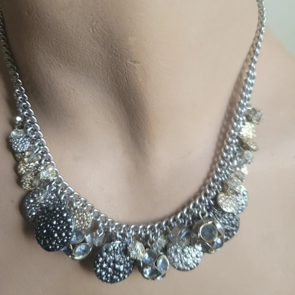 Ann‎ Taylor Loft Silver Gold Tone Crystal Charm Statement Necklace